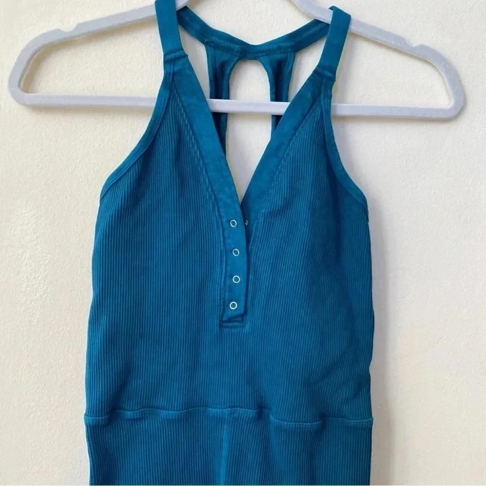 Free People Happiness Runs Henley Onesie Jumpsuit One Piece Teal Jewel Blue